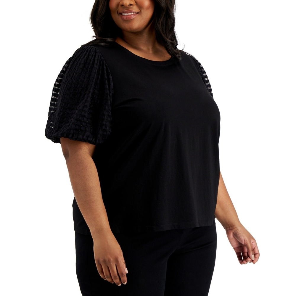 Calvin Klein Plus Size Burnout-Sleeve Top Black Women's Size 3X Sheer Sleeve